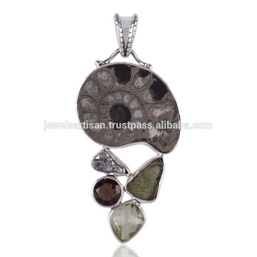 Pyarite Ammonite Smoky Meteorite Moldavite & Green Amethyst Silver Pendant